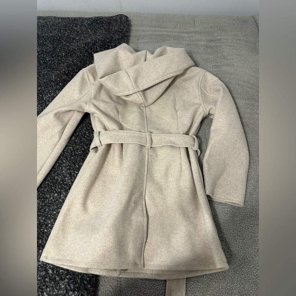 Beige winter trench coat with hood